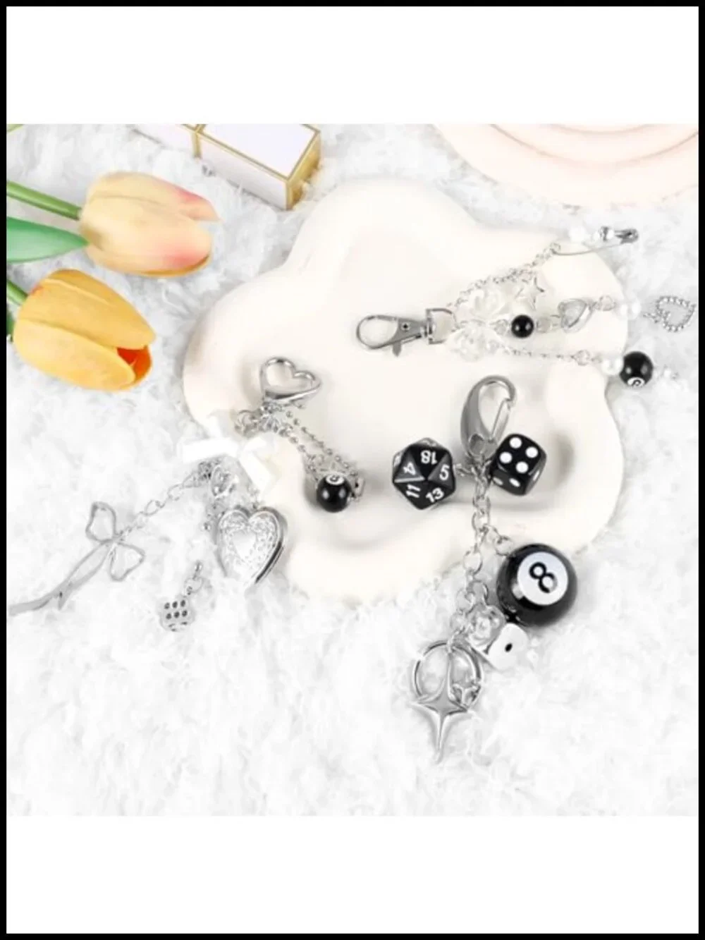 Y2K Goth Bag Charm Keychain Set - 8 Ball, Dice & Bow Charms for Purse